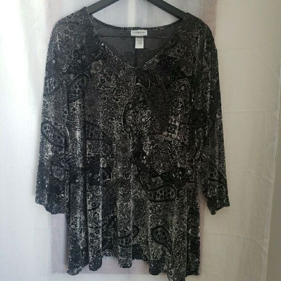 Catherines Women's Size 3X 26/28W Black Velvet Floral Blouse Top Whimsical - Picture 1 of 8